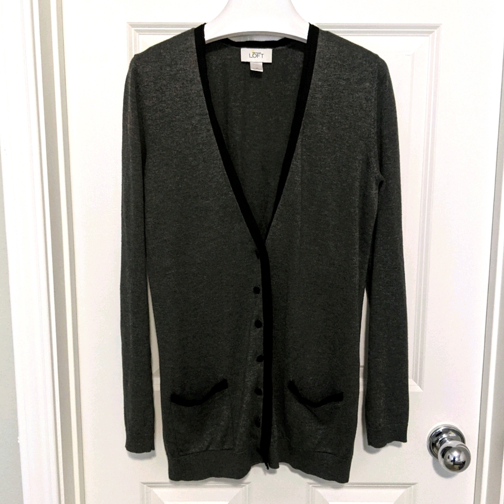 LOFT Contrast Trim Modal Silk Blend Cardigan M